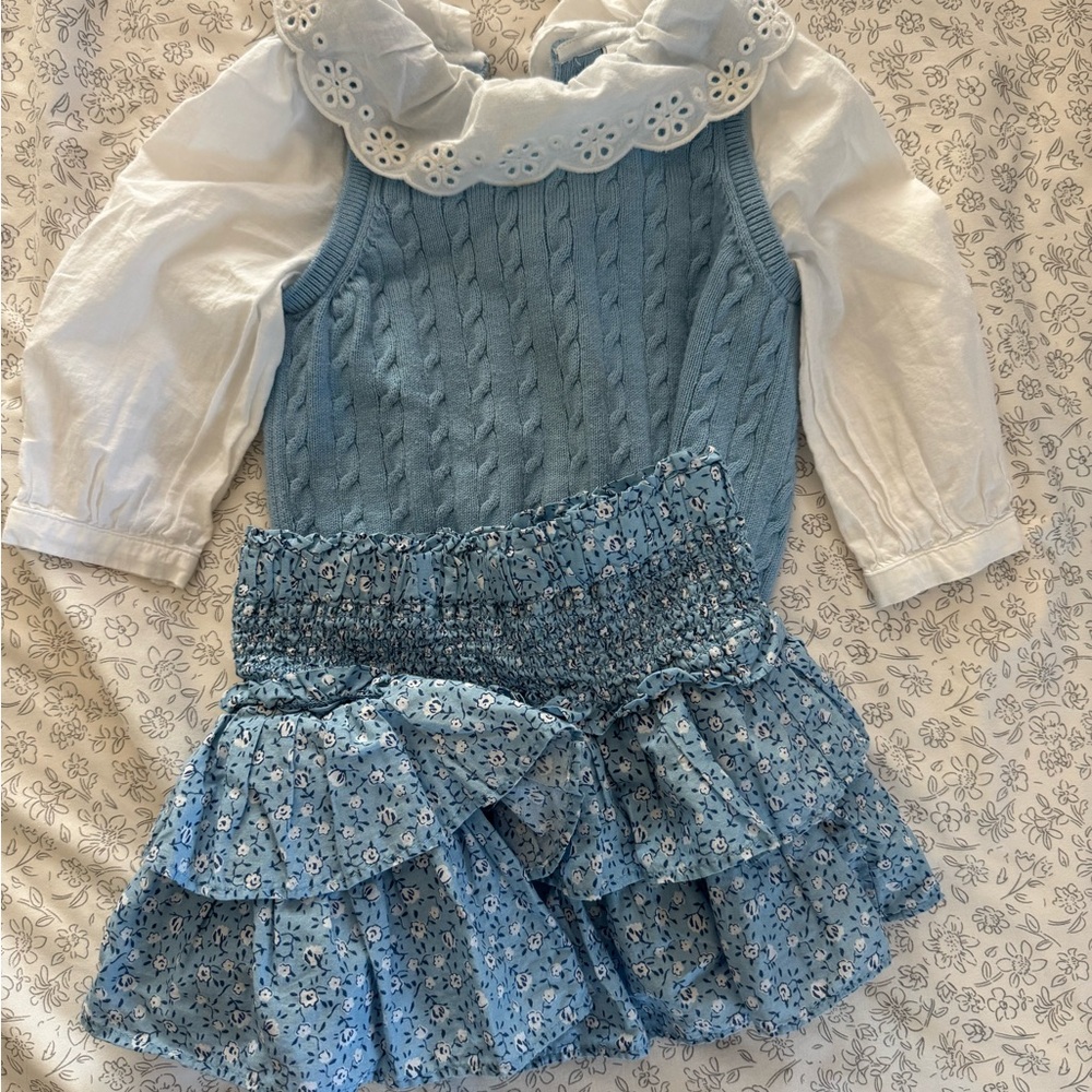 Janie and Jack Blue Knit Skirt and Top set with White Eyelet details